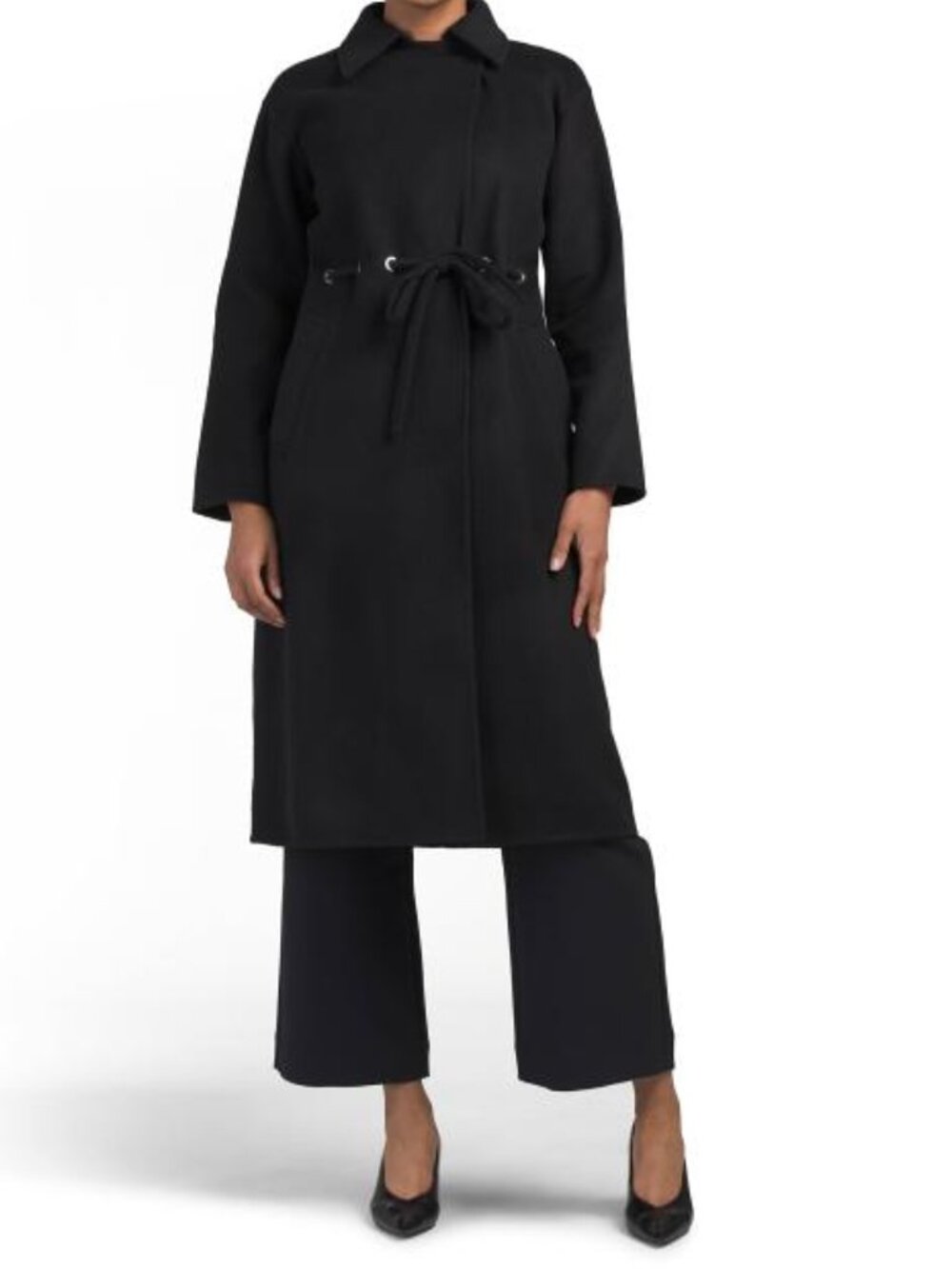 ELIE TAHARI Wool Blend Long Sleeve Notch Collar Long Trench Coat With Belted Wai